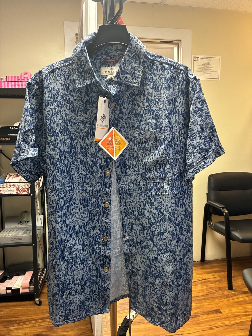 RAINFOREST Blue Floral Short-Sleeve Button-Down Shirt UPF 50 Performance size S